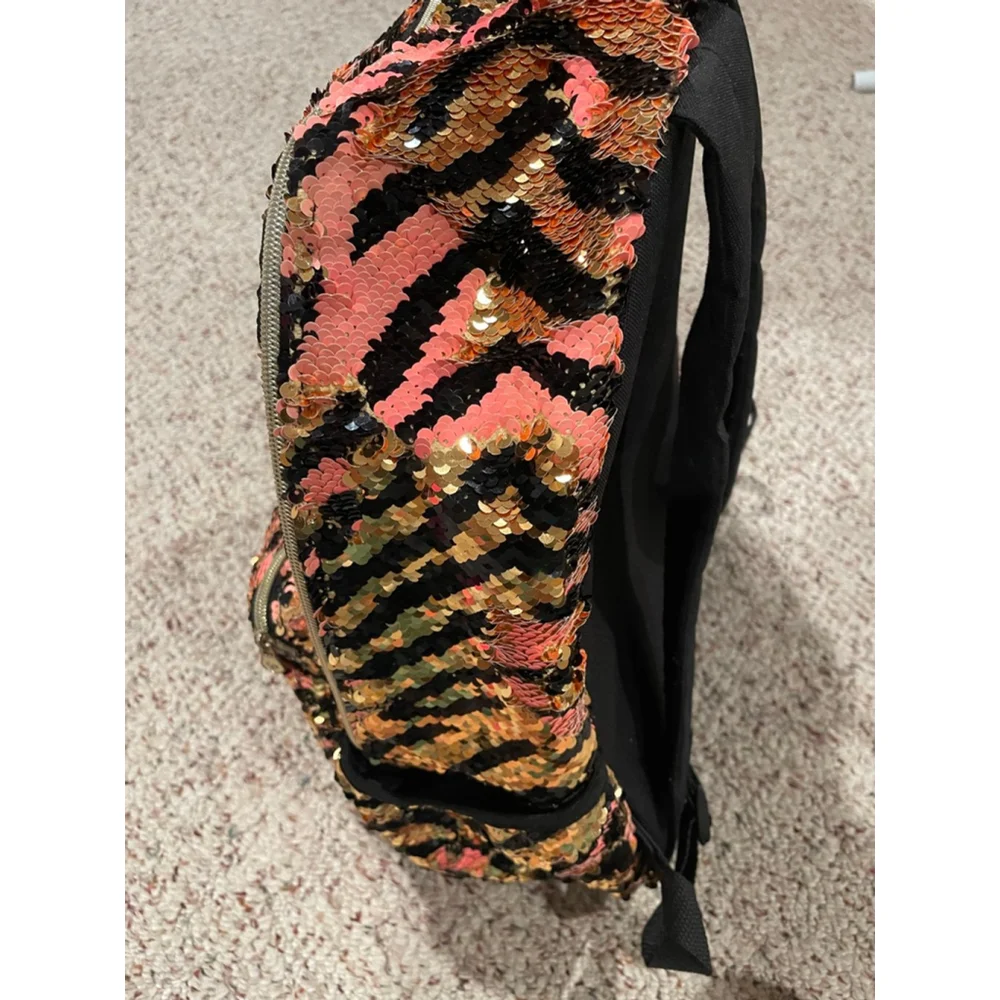 Girls' Backpack-Justice Pink Black Gold Flip-Sequin Zebra (Back to School)